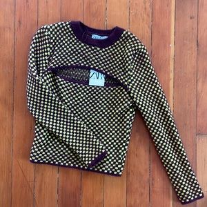 Zara checkerboard print pullover cutout sweater